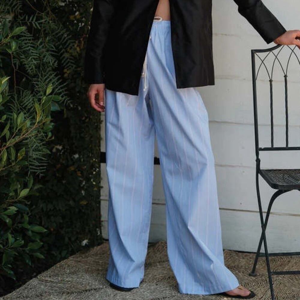 DONNI. The Pop Stripe Drawstring Pant Small Cotton Blue Striped Lightweight